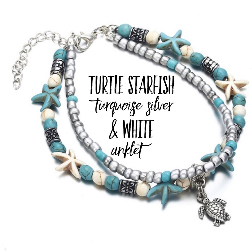 🌺 Turtle Starfish Bead Layered Anklet